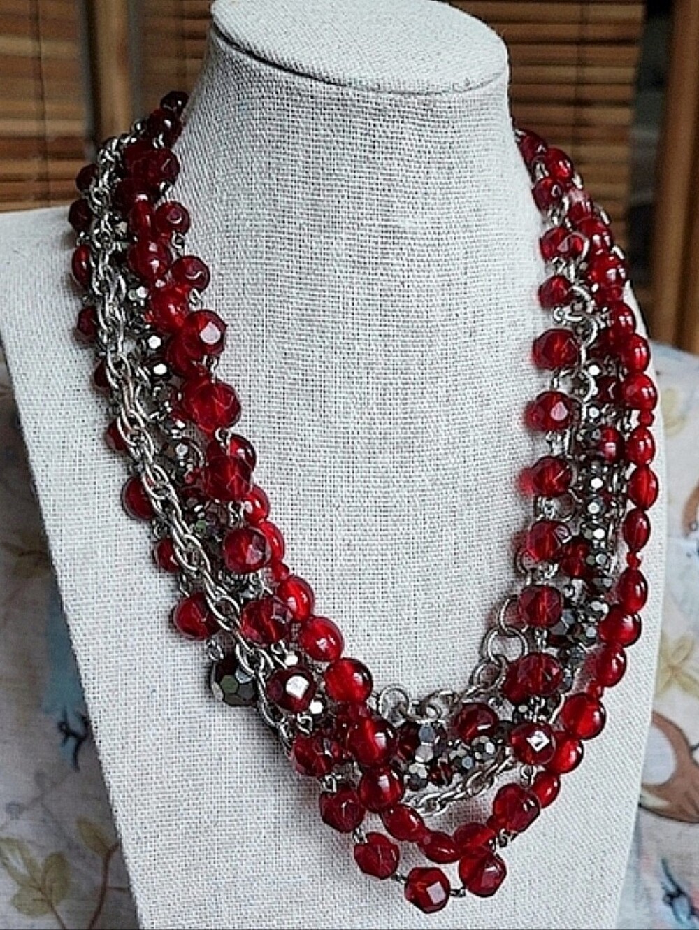 Red Foil Red Faceted Glass Beaded Silver Tone Link Chain WHBM 6 Strand Necklace